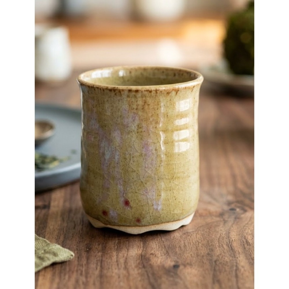 Signed Studio Pottery Yunomi Tea Cup Mustard Yellow Red Blush Glazed Stoneware